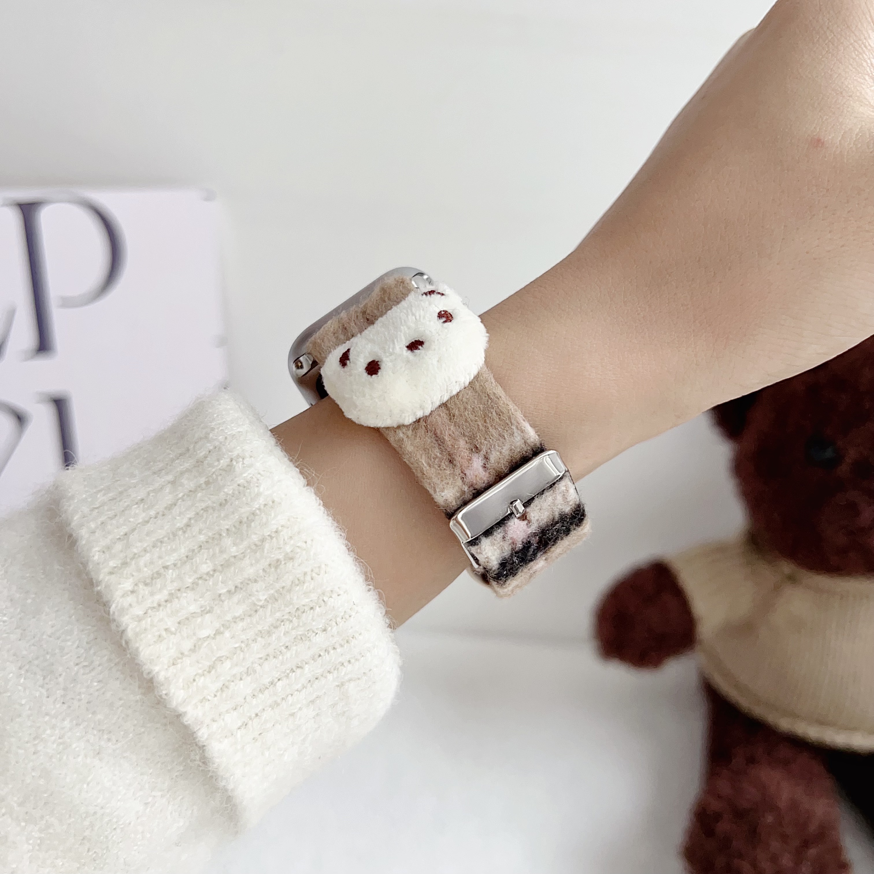 Leren band voor Apple Watch Band Meisjes Schattige beer Armbandketting met Iwatch9876SE Ultra40 41 44 45 mm Dames Pluche Doek Pols