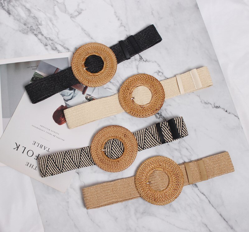 Cinturones de cintura de paja de imitación elásticos de verano, cinturones de tela ajustable con hebilla cuadrada, cinturones bohemios para Vestido de playa