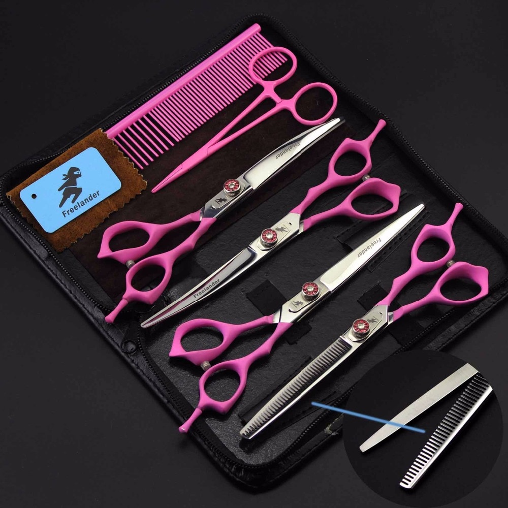 Freelander japan 440c 7.0 tommer lyserød maling håndtag high-end pet grooming saks 4 stykke sæt hårplejeværktøjer