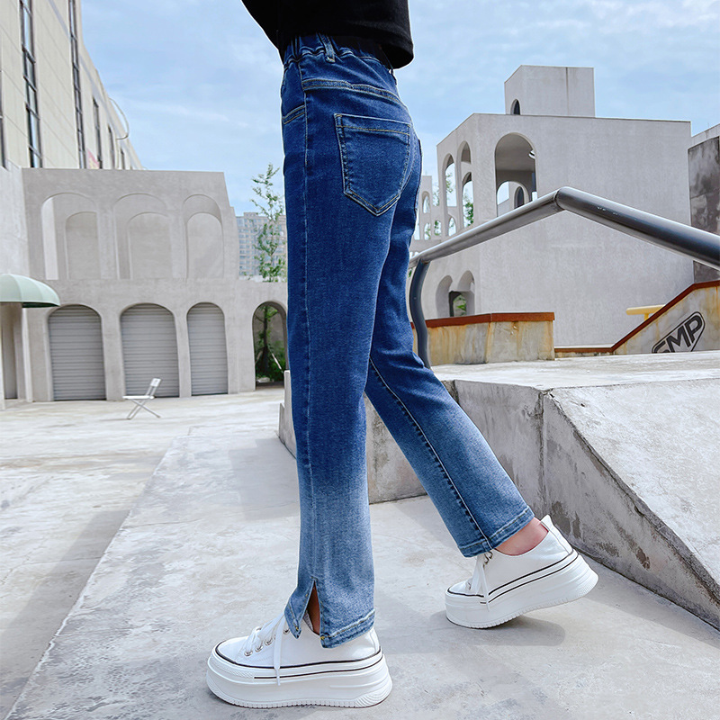 Pantalones vaqueros informales para adolescentes, Jeans rectos de cintura elástica, Color azul, 12