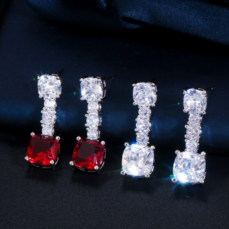 CWWZircons Chique Redondo e Quadrado Cut Red Cubic Zirconia Wedding Party Mulheres Jóias Elegante Conjunto Colar Brinco para Noivas T454