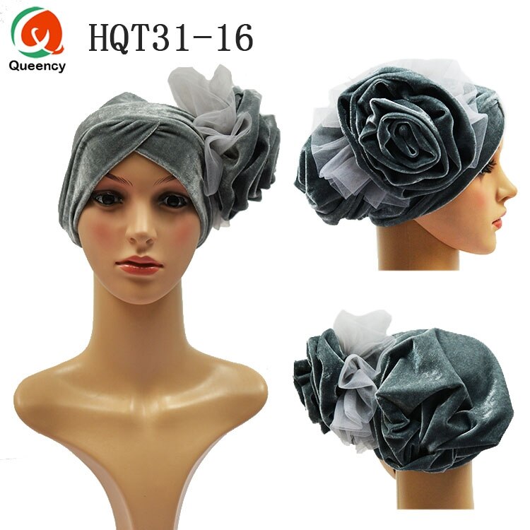 HQT31 Turban Nigeria cravate dames velours Tuban Gele casque musulman arabe Bonnet fleur chapeau pour mariage et fête: grey