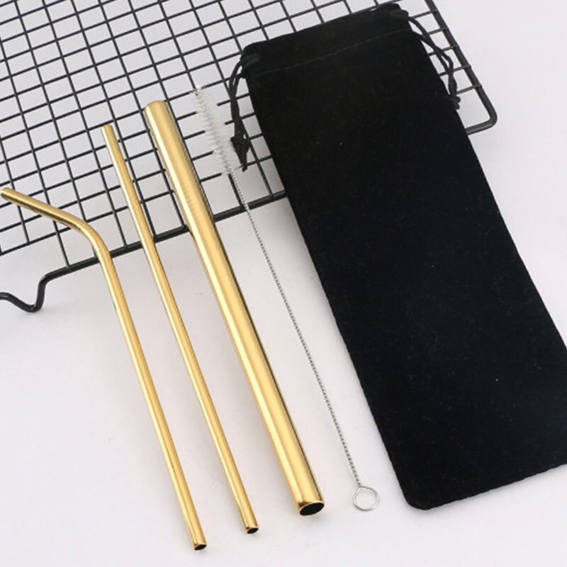 5PCS Reusable Metal Straw Eco Friendly 304 Stainless Steel Straw Cleaning Brush Pink Drinking Straws Bubble Tea Bag Pouch Set
