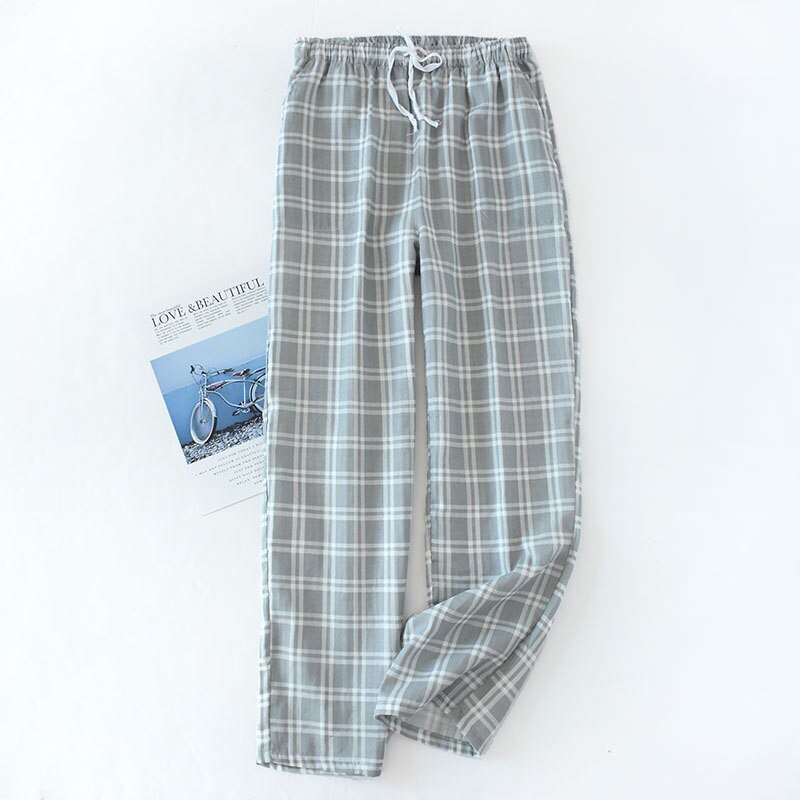 Spring and Summer Sleep Pants Men's Gauze Cotton Simple Style Plaid Trousers Elastic waistband Full Length Sleep Bottom