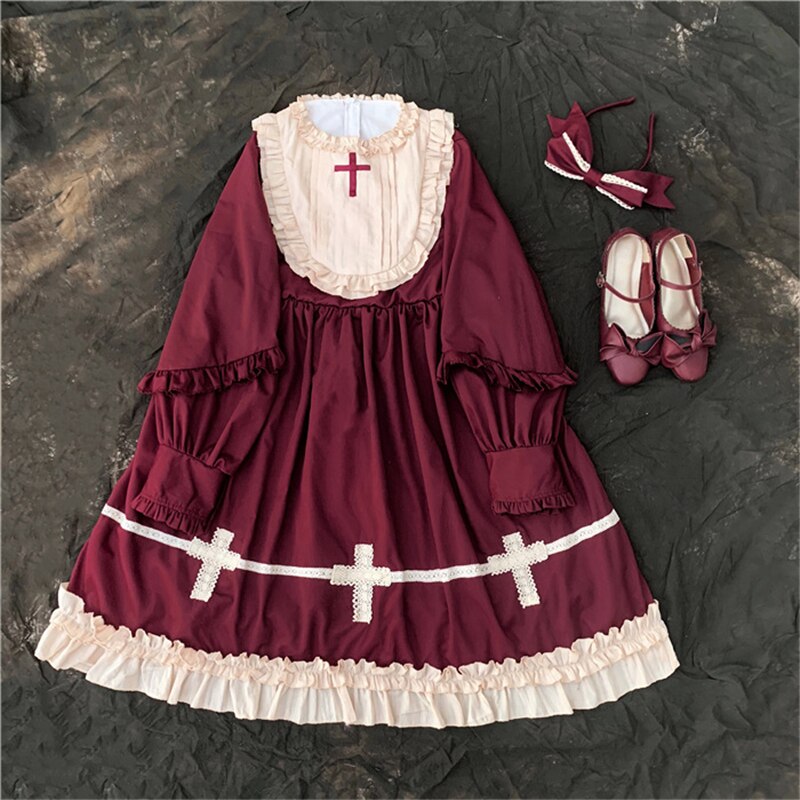 Lolita robe Style japonais doux Kawaii filles croix gothique dentelle cour princesse Cosplay Halloween fête femmes victorienne: Color 3 Suit / M