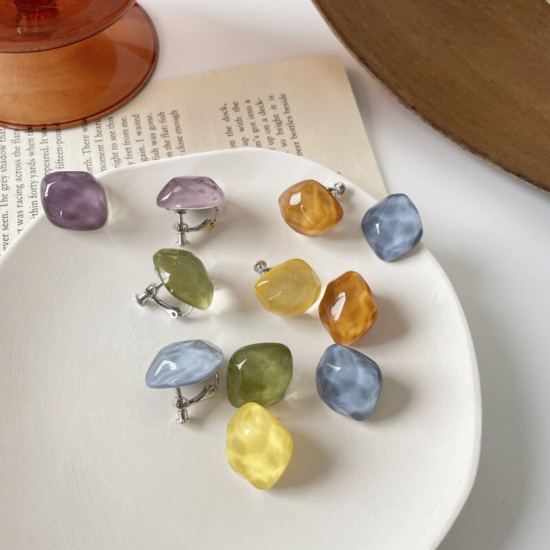 Boucles d'oreilles en acrylique Macaron Transparent, carré irrégulier géométrique, Simple résine pierre en forme de cœur, boucles d'oreilles sans Piercing