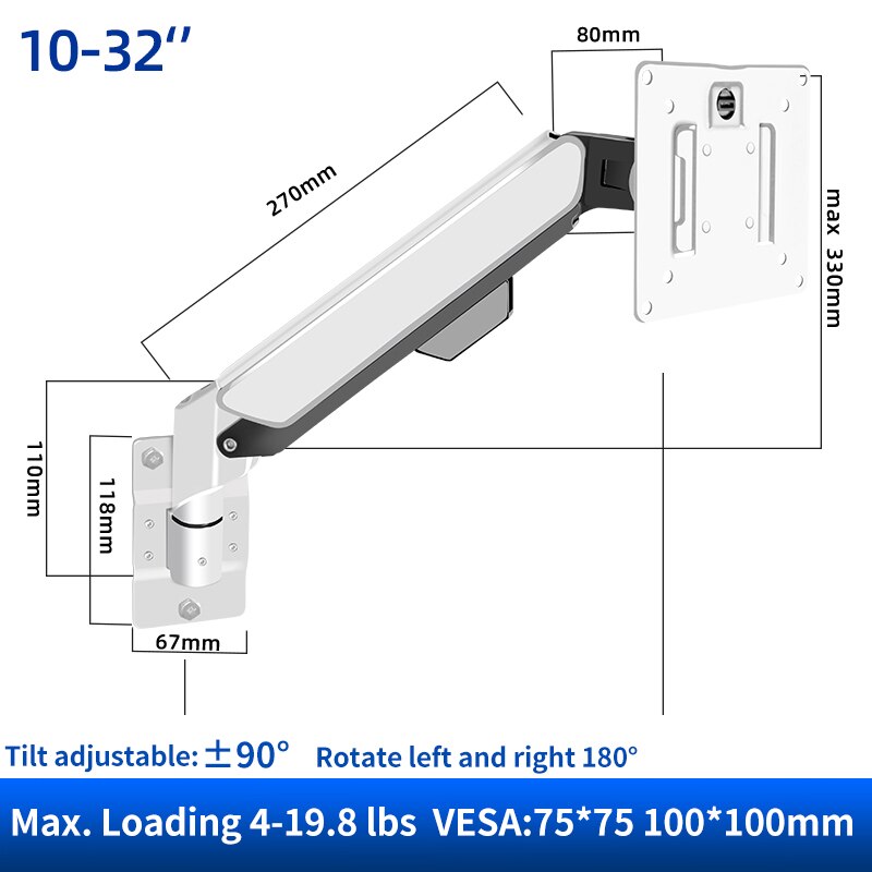 HILLPORT Monitor Stand Game Gas Spring Arm LED LCD TV Wall Mounted 10" -32" Aluminum Alloy Load2-9kgs: White