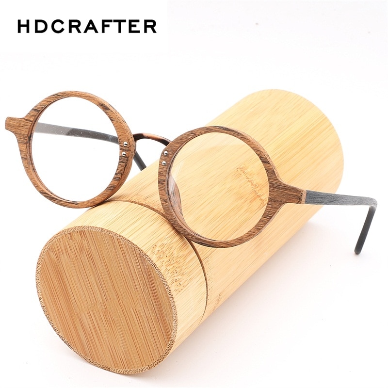 HDCRAFTER Vintage Retro Ronde Bril Frames Hout Recept Bijziendheid Brillen Met Clear Lens Houten Leesbril Frame