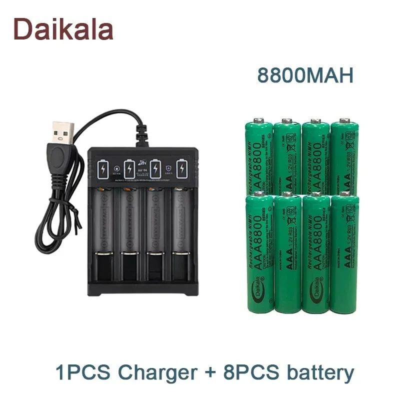 Batería alcalina AAA de 1,2 V, 8800mAh, linterna, juguete, reloj, reproductor de MP3, batería de níquel-hidrógeno de repuesto, + cargador: Blanco