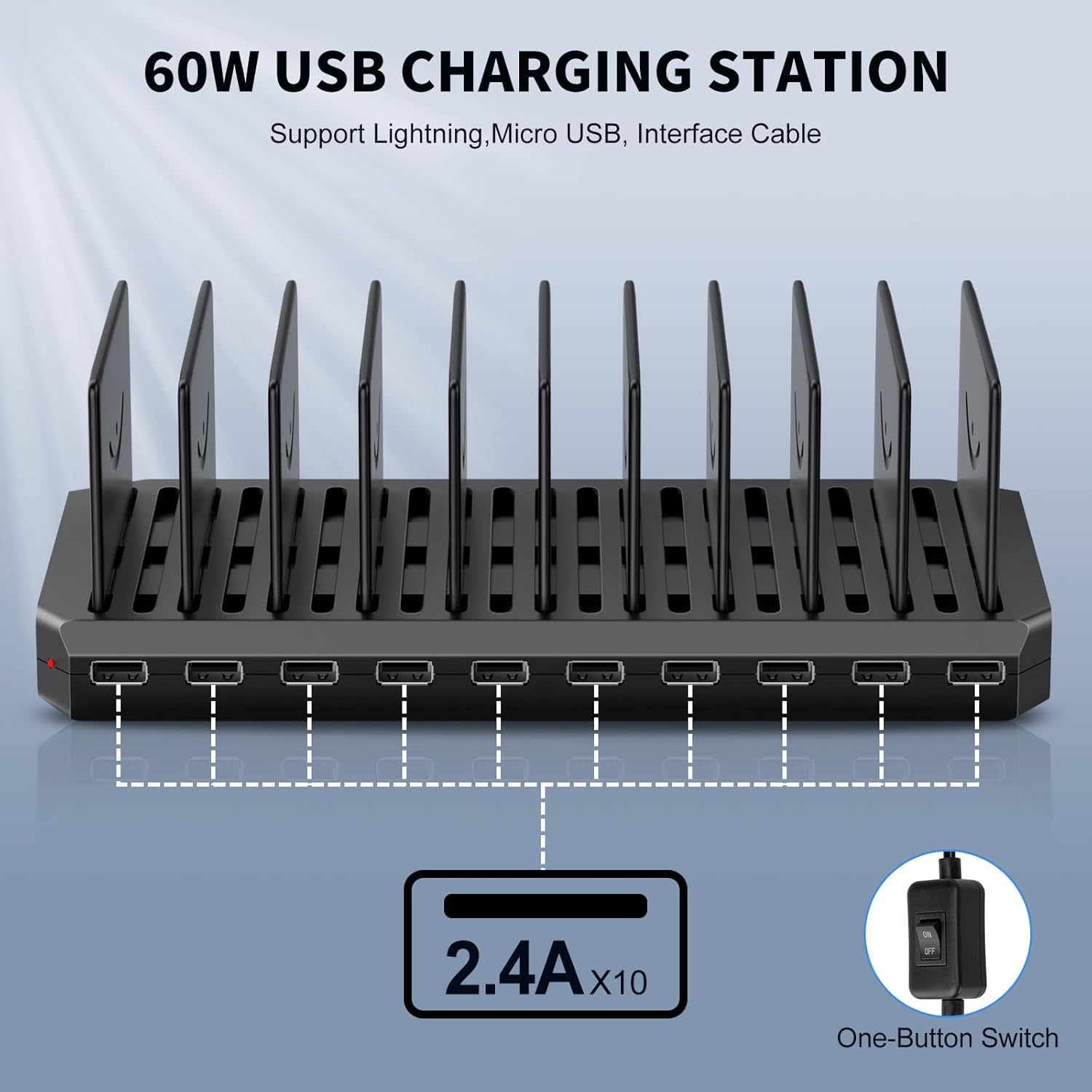 60-w -10-- port usb charging station with adjustable dividers, fast charging hub for multiple devices in hotels, shops, schools