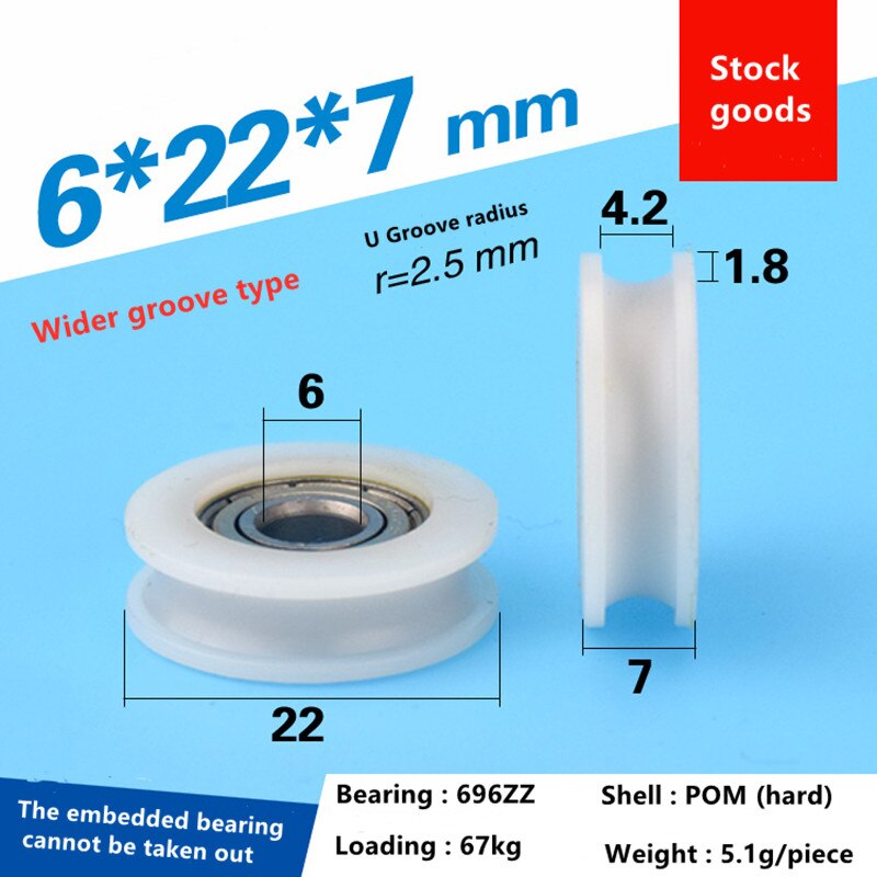 20 pièces delrin POM plastique enduit portant nylon U rainure piste guidage roulements à rouleaux poulie Peilin roue alésage taille 3 4 5 6 mm: 6x22x7mm wider