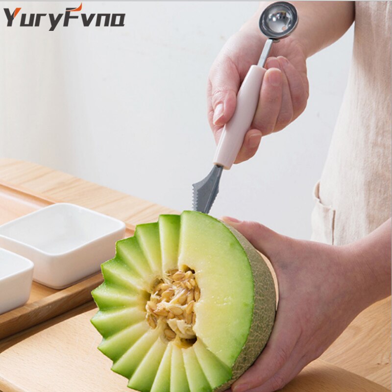 Yuryfvna 2 In 1 Multi-Functionele Meloen Baller Scoop Fruit Vleesmes Rvs Dunschiller Vruchten Cutter Vorm Fruit scooper