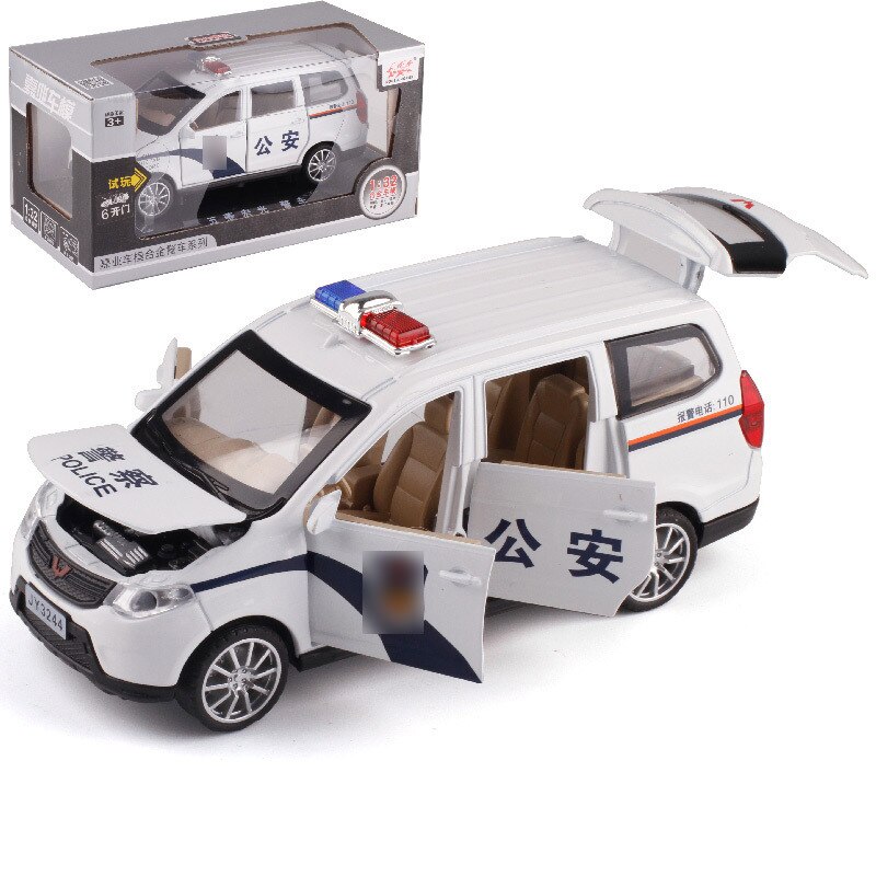 Jiaye 1:32 Wuling Hongguang Commerciële Voertuig Legering Politie Auto Model 6 Deur Opening Geluid En Licht Trek Auto 32444 boxed