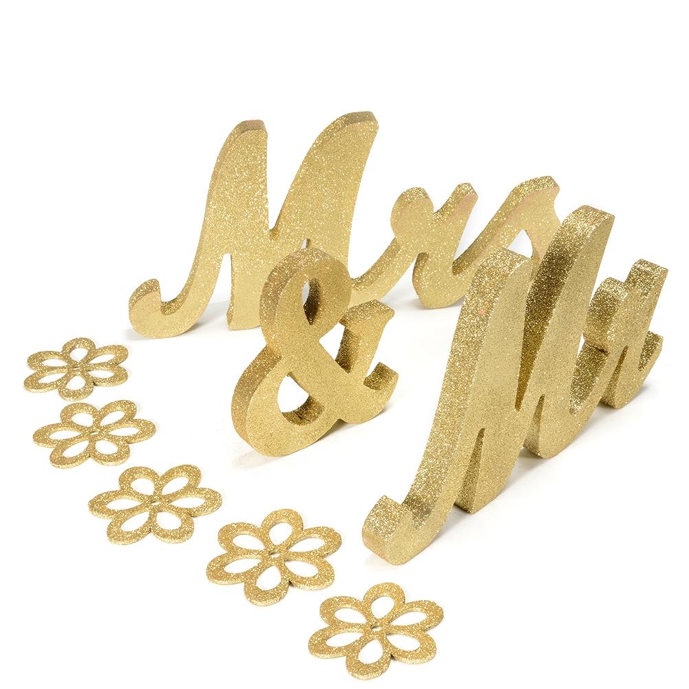 LanLan letras de madera MR & letrero con letras Mrs decoraciones de mesa de boda oro purpurina plateada Glitter Sweetheart herramientas