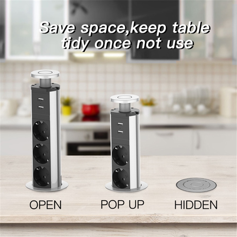 3 Power Socket 2 USB Charging Port Retractable Kitchen Table Office Hidden Desktop Sockets Vertical Socket EU US Plug 10A