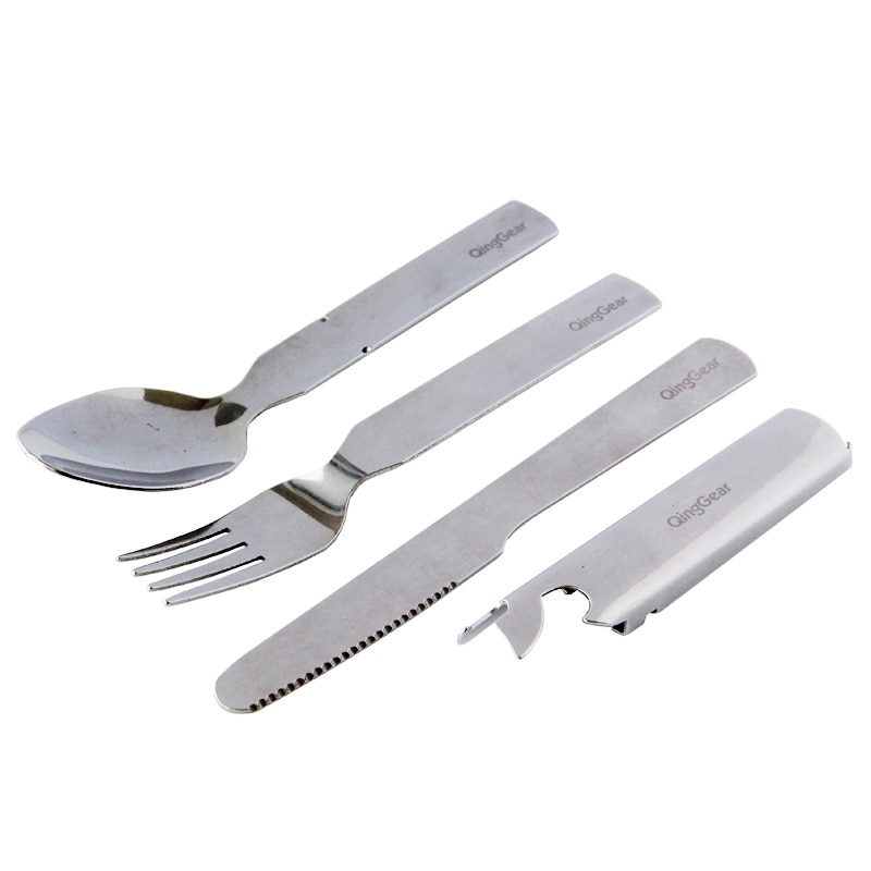 Qinggear bærbart service 4 in 1 bestik sæt gaffel ske kniv flaskeåbner med nylon pose