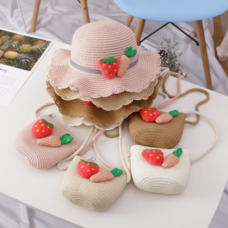 Sombrero tejido de paja bolso bandolera para niña de verano dibujo bonito fresa playa viaje protector solar onda de encaje gorra de sol U5