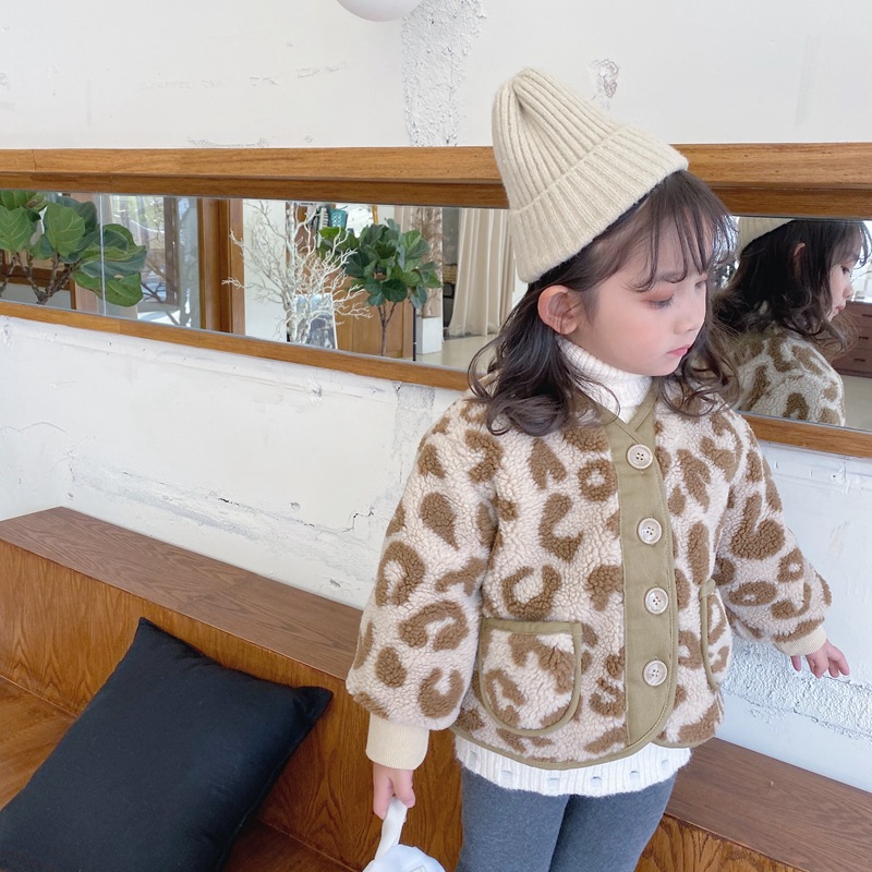 Vinterjacka för barn i koreansk stil leopardmönster förtjockad matchande pälsjacka för coola flickbebisar