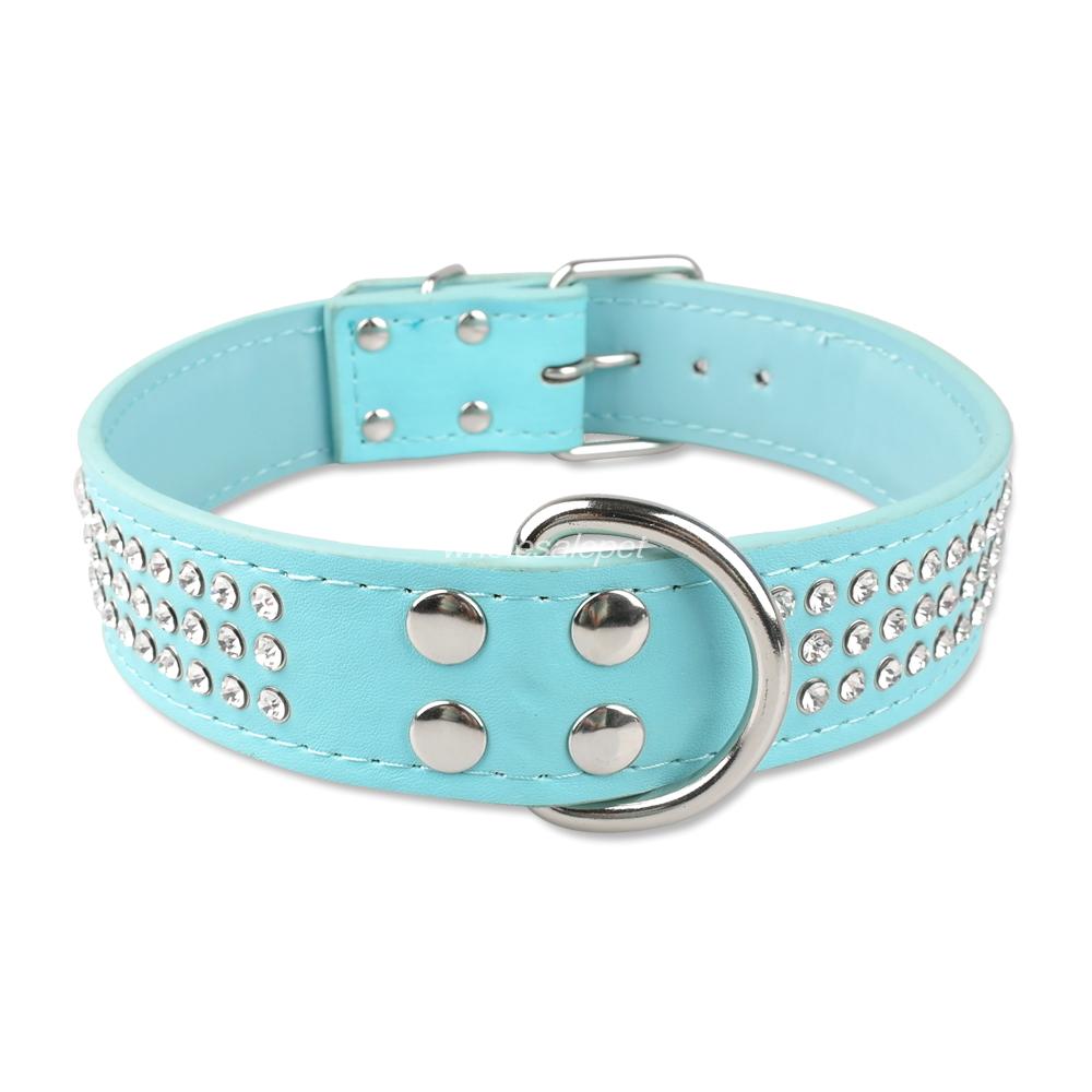 3 Rows Rhinestone Dog Collar Leather Dog Collars 1.5inch Wide For Medium Large Pet 5 Colors 2 Sizes: Blue / M