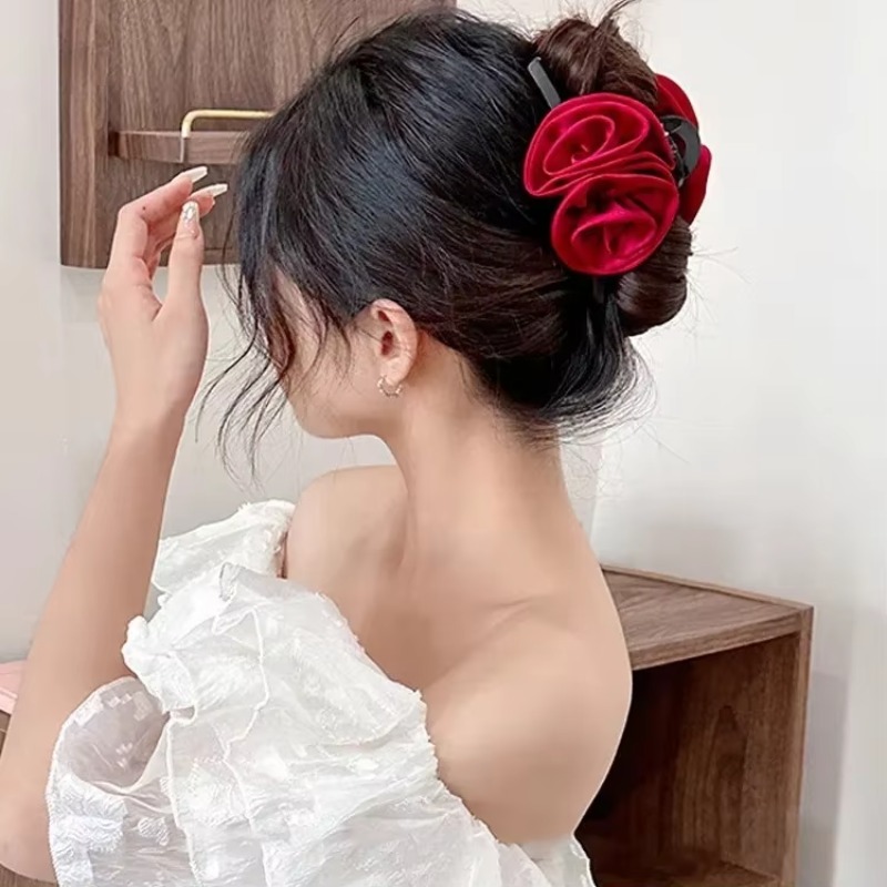 Pinzas en forma de garra para el pelo con flor de Rosa doble francesa para mujeres y niñas, accesorios para el pelo de tiburón hechos a mano de tela sólida satinada Vintage, nuevos