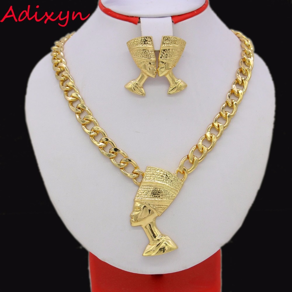 Adixyn Big Size Egyptische Koningin Nefertiti Hanger Goud Kleur Dikke Ketting Oorbellen Sieraden Sets Afrika Egypte Items