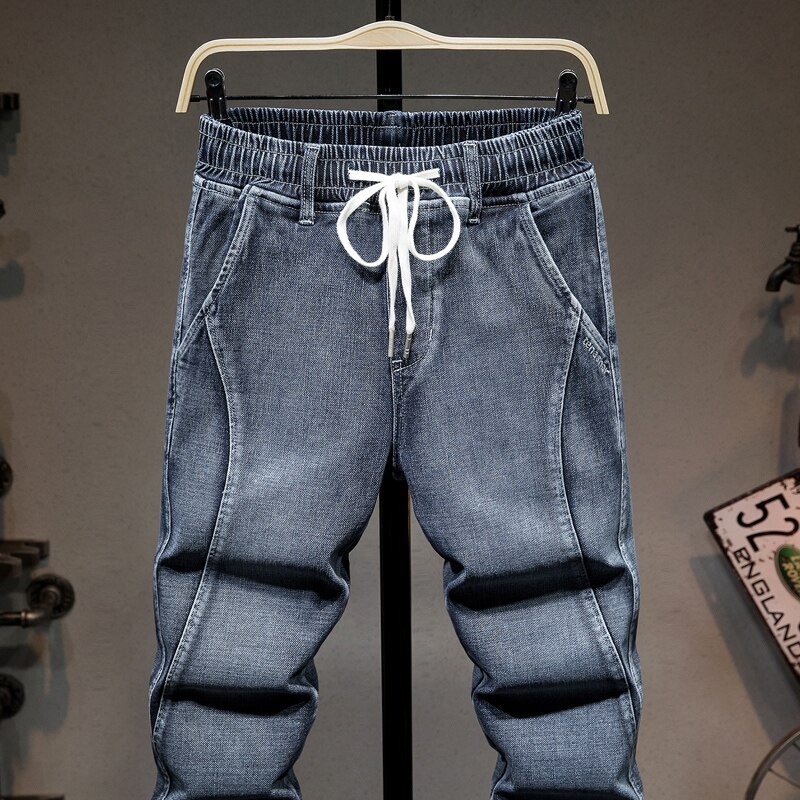 Plus Size 5XL 6XL 7XL Men&#39;s Elastic Waist Baggy Jeans 2022 Spring Denim Work Pants Male Trousers Grey Blue