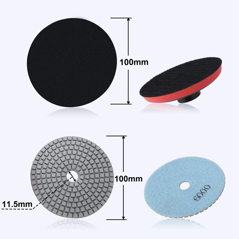 10Pcs 4 Inch Diamantslijperij Pads Set, m14 Zelfklevende Houder + 9 Stuks Droog Polijsten Pads Kit Voor Auto Auto Graniet Marmer