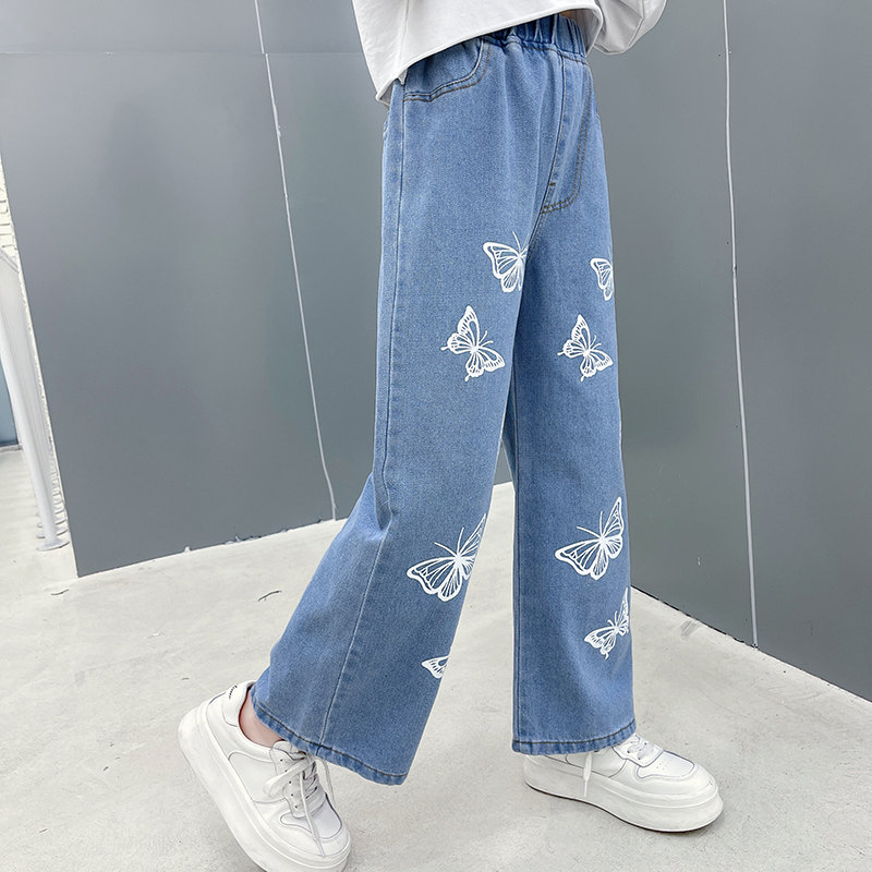 Jean imprimé papillon pour fille, pantalon en Denim à jambes larges, Style décontracté, vêtements pour enfants de 6 8 10 12 13 ans, printemps-automne