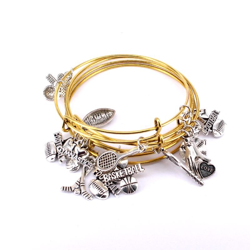 5pcs Bangle Set Gold Colour Cuff Bracelet Basketball Charms Bangle Adjustable Bracelet Bangles for Women Jewelry C033: Antique gold colour