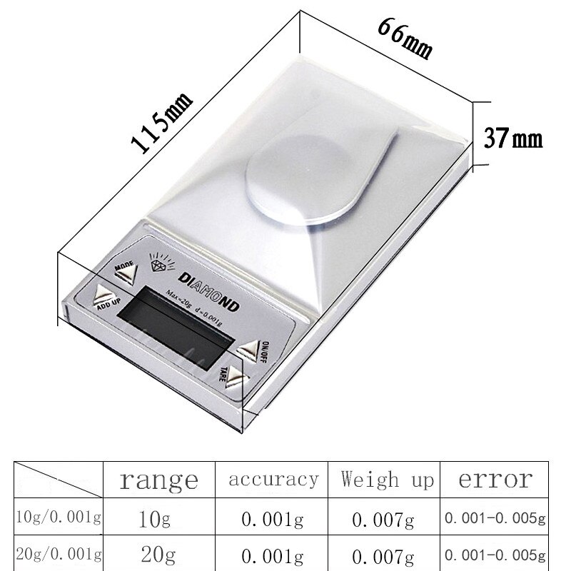 Báscula de bolsillo de alta precisión 10g/0.001g, 20g/0.001g, báscula de peso para joyería con calibración, pinzas para báscula de diamante de laboratorio