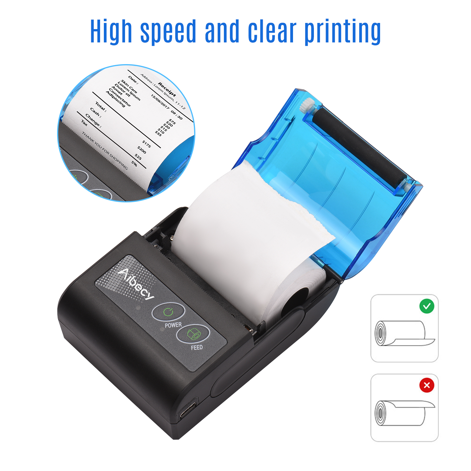 Portable Mini Thermal Printer 2 inch Wireless USB Receipt Bill Ticket Printer Add 58mm Paper Compatible with iOS Android Windows