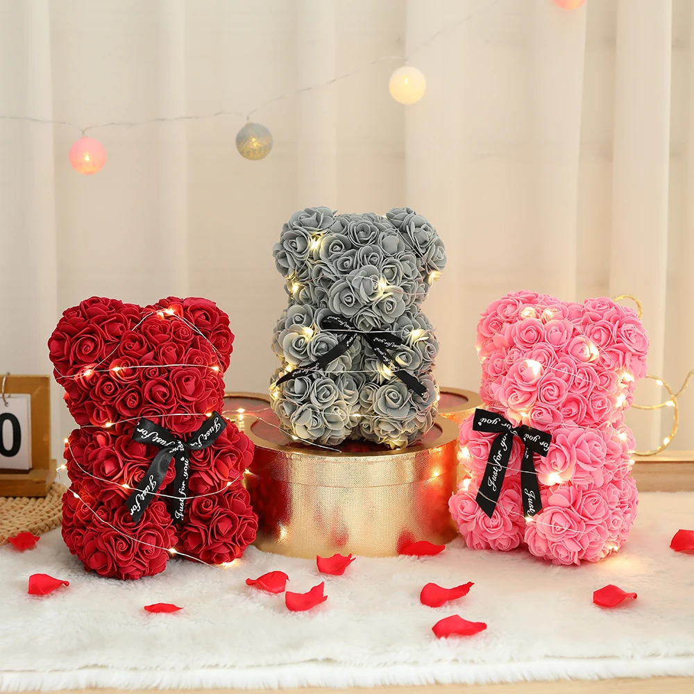 Oso de flor rosa de peluche Artificial de 25cm con caja, romántico del Día de San Valentín, suministros para de boda y aniversario para novia y mujer