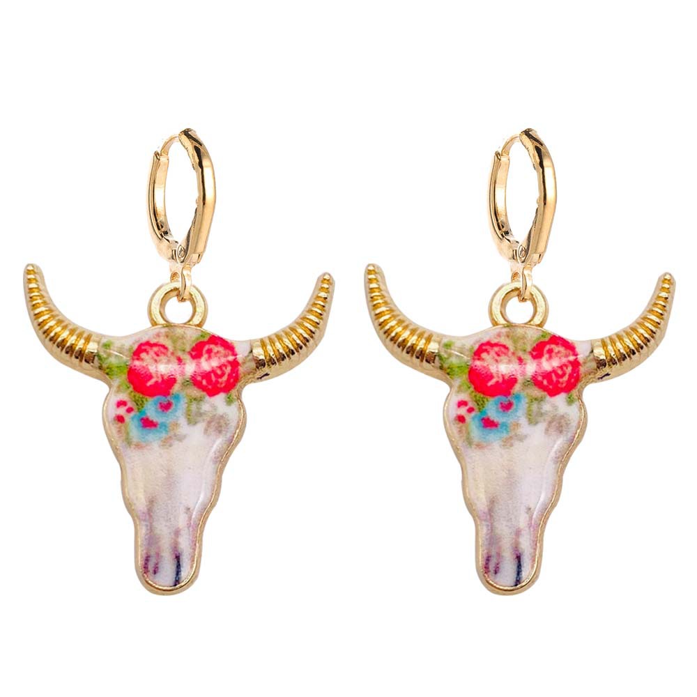 Pendientes de cabeza de toro esmaltados coloridos, vaquera occidental, pendientes colgantes de aleación, joyería: Color amarillo claro