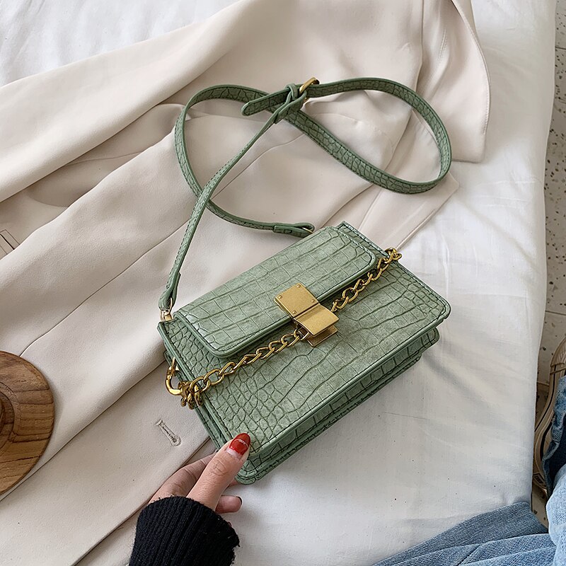 Krokodilmönster ladeis väskor pu läder crossbody väskor för kvinnor sommar kedja små axel handväskor kvinnliga väskor: Grön
