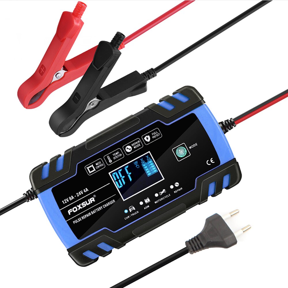 12V/24V Full Automatic Car Battery Charger Intelligent Fast Power Charging Pulse Repair Charger Wet Dry Lead Acid Battery-charge: C Blue EU Plug