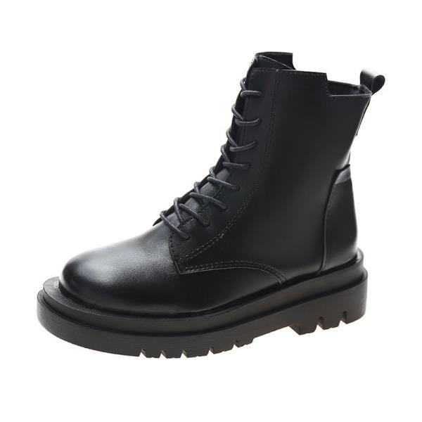 Botas de plataforma plana con cordones para mujer, zapatos de de lujo con punta redonda, media pantorrilla de cuero de goma a media pantorrilla: 38
