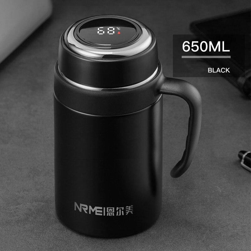 650ML Thermos Coffee Mug With Filter Handle Stainless Steel Insulated Vacuum Tea Cup Home Office LED Temperature Display: Black 650ML