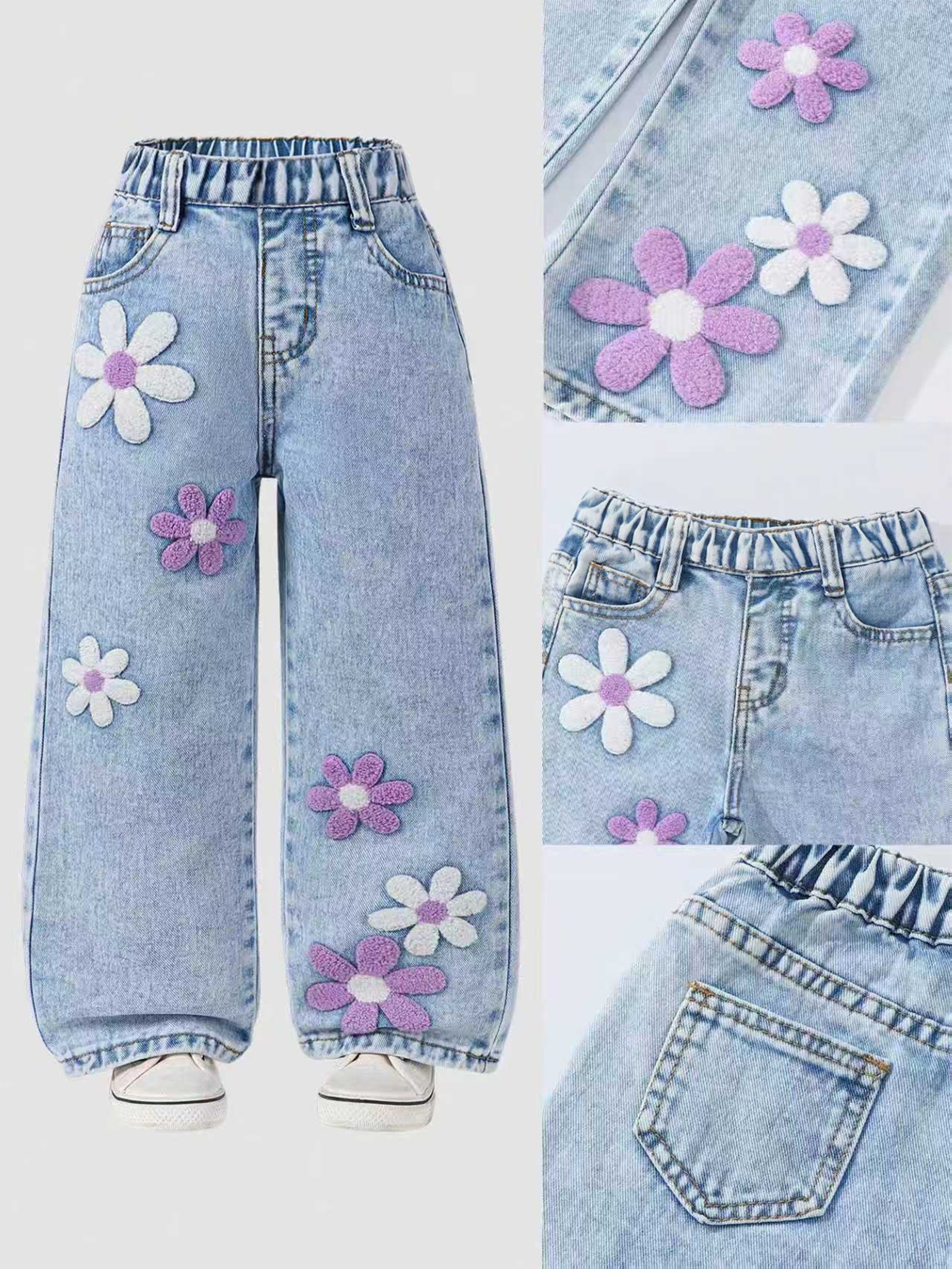 Jean en denim à pois pour filles, imprimé floral, tendance, taille ample, pantalon décontracté polyvalent pour enfants.