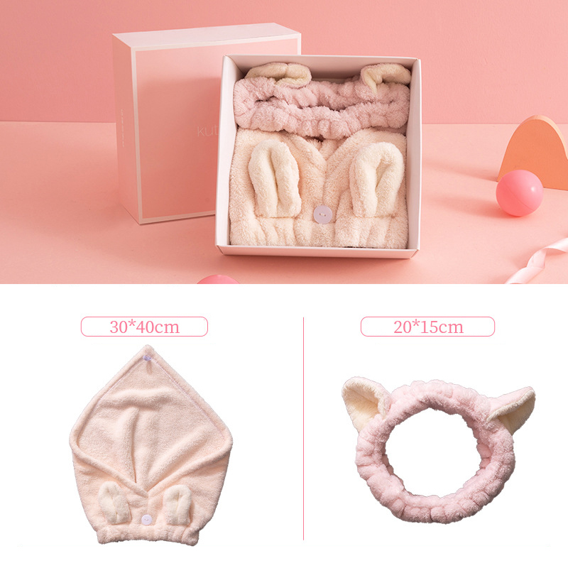 Roze Meisjes Droog Haar Cap Verdikte Water-Absorberende Sneldrogende Coral Fleece Badmuts Wassen Gezicht Hoofdband Set voor Make-Up Remover: Light pink