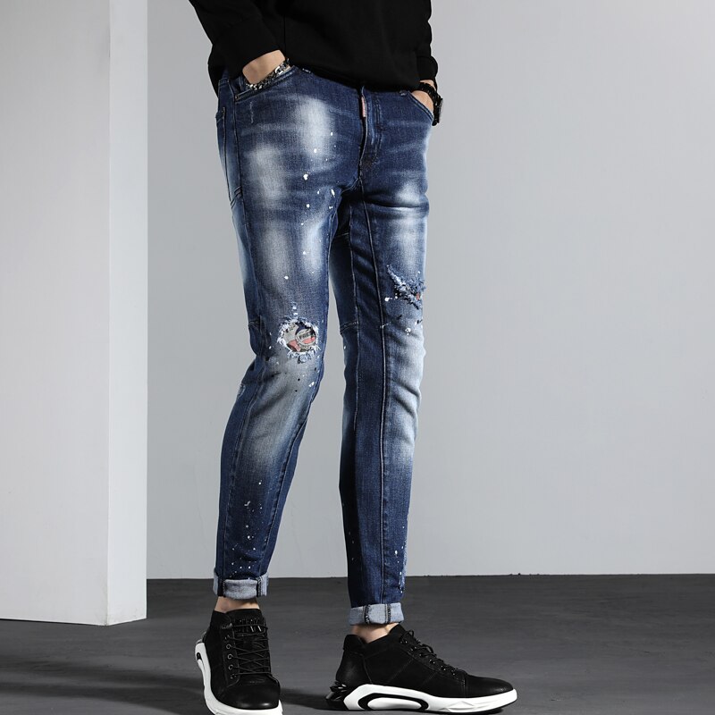 Heren Jeans Ripped Jeans Voor Mannen Gescheurde Geschilderd Skinny Stretch Slanke Broek Lange Broek Borduren Hip Hop Herfst Lente blauw