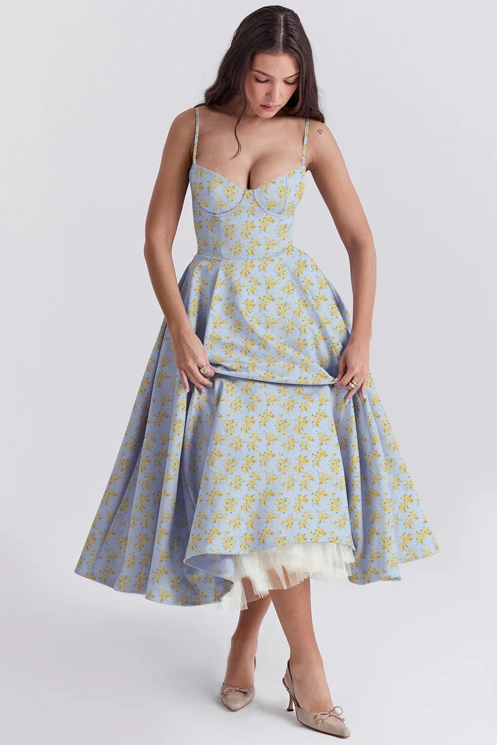 Women's A-Line Spaghetti Strap Mid-Calf Dress European And American Style Double-Layer Mesh Suspender Dress