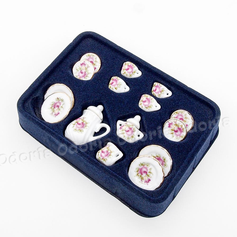 Odoria 1:12 miniaturowe 15 sztuk różowa róża perkal złote wykończenia zestaw filiżanek robić herbaty porcelanowe zastawy stołbyć winnym kuchnia akcesoria robić domku dla lalek wystrój