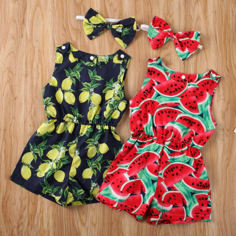 Nyfødt baby pige rompers pandebånd frugt citron vandmelon sommertøj ærmeløs jumpsuit playsuit outfits kostume