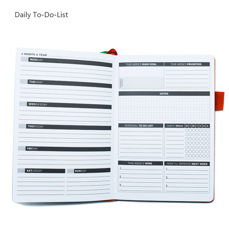 12 måneders planlegger, effektivitetsjournal ukeplanlegger, udatert, notisbok 100 ark , 120 gsm, pennholder, innerlomme, bånd