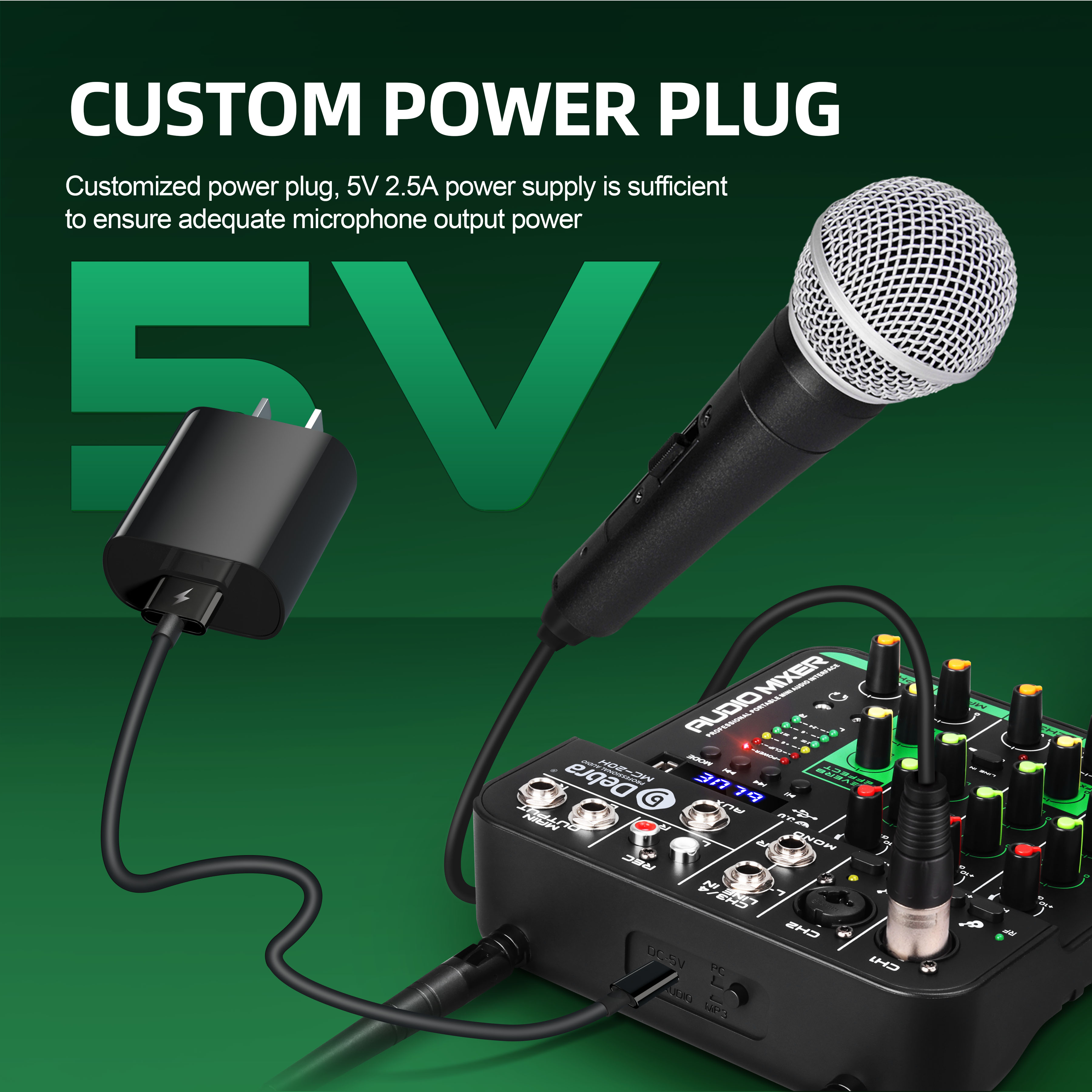 Debra UHF Wireless Microphone 4 Channels Audio Mixer Audio Interface Mixing Console Bluetooth Record PC Delay Repaeat Effect