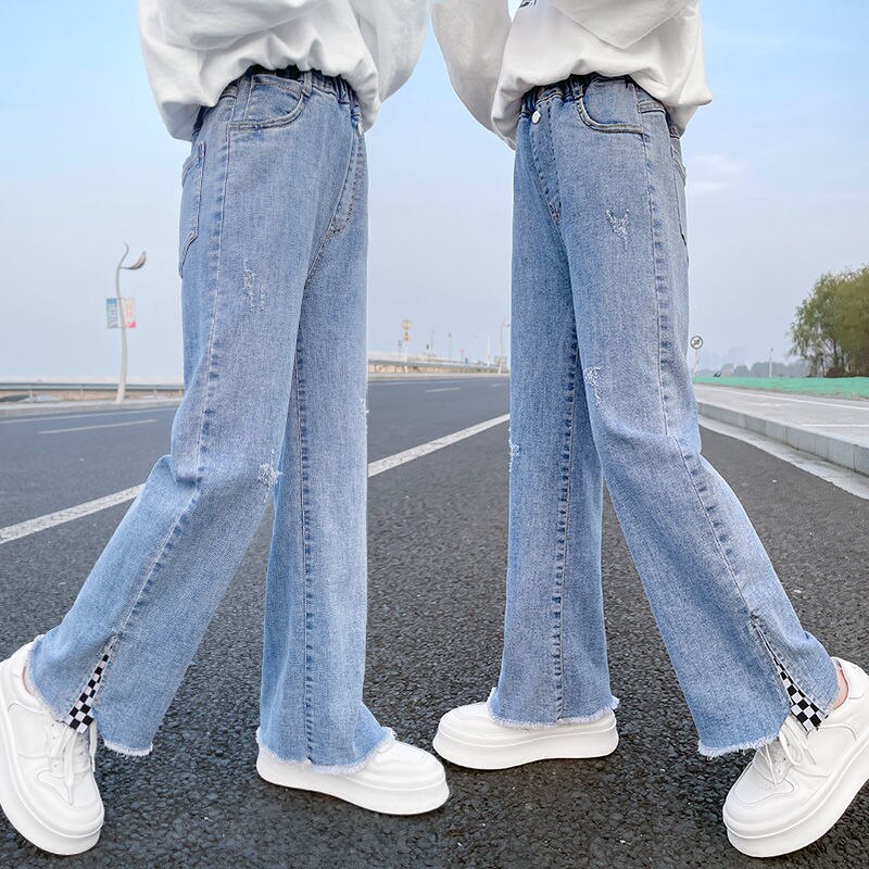 Pantalones vaqueros elásticos de pierna ancha para niño, niña adolescente de 5, 6, 8, 10, 12 y 14 años, primavera y otoño, 2022