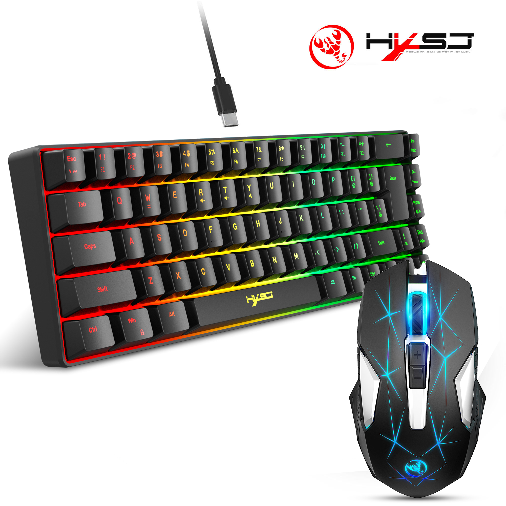 68-Tasten-Gaming-Tastatur- und Maus-Set, RGB-Hintergrundbeleuchtung, tragbare Spiele, kabelgebundene Membrantastaturen, kabellose Mäuse für das Heimbüro: Black