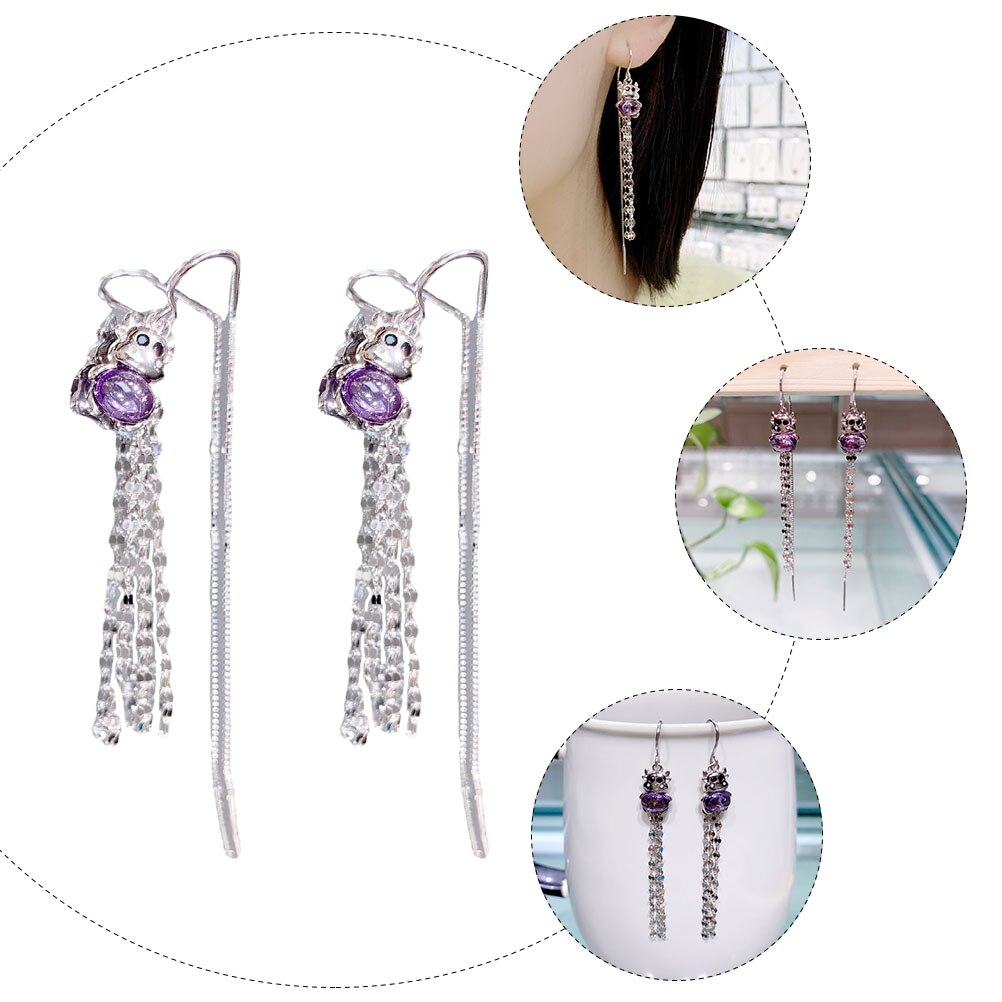 1 Paar Lange Tassel Shiny Delicate Zilveren Oor Hangers Vee Oorbellen Oor Danglers