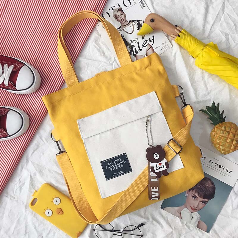 Ins urso quente decoração mulher saco de compras uso diário estilo coreano crossbody lona totes multi-função meninas saco de livro mochila novo: YELLOW2