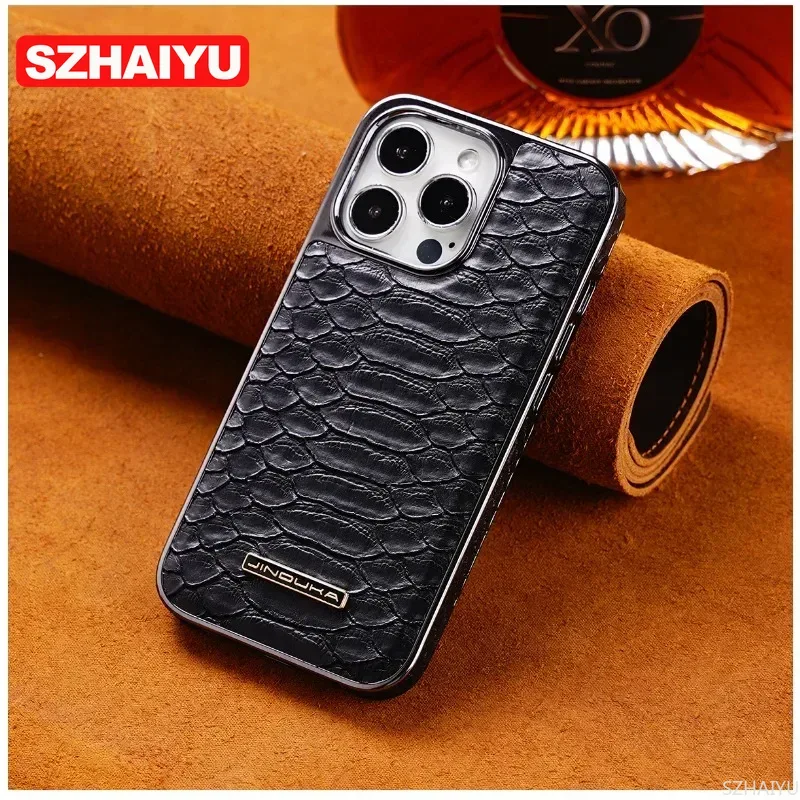 Luxury Python Texture Leather Electroplating Phone Case For iPhone 15 14 13 12 16 Pro Max Back Cover with Built-in Flannel